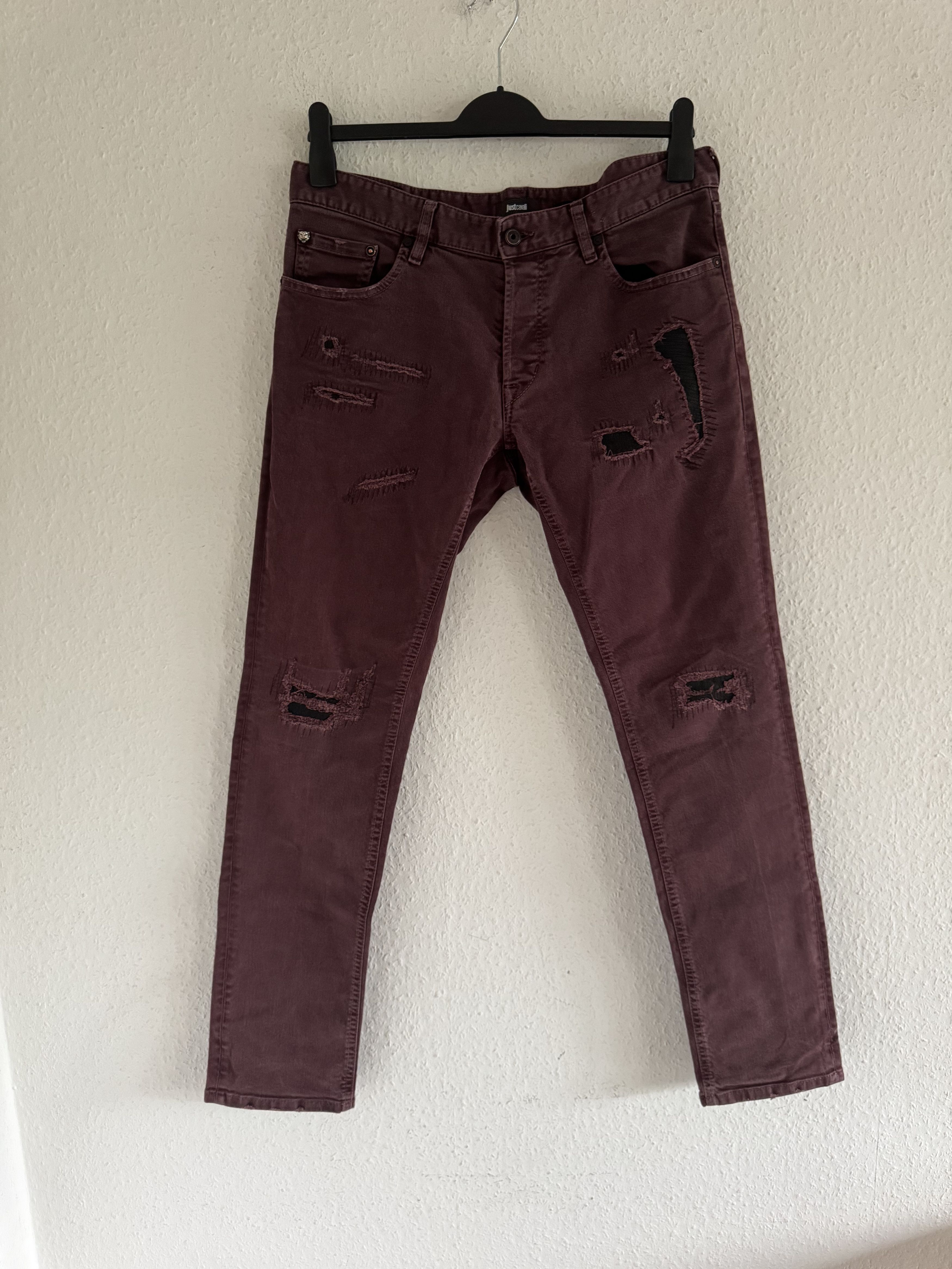 Just Cavalli Burgundy Distressed Slim Jeans Size US 33 - 1 Thumbnail