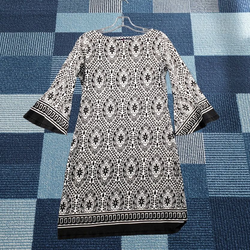 Bell Barbara Erickson Dress Womens Small Black Tunic Printed Boat Neck Bell Sleeve Size S / US 4 / IT 40 - 1 Thumbnail