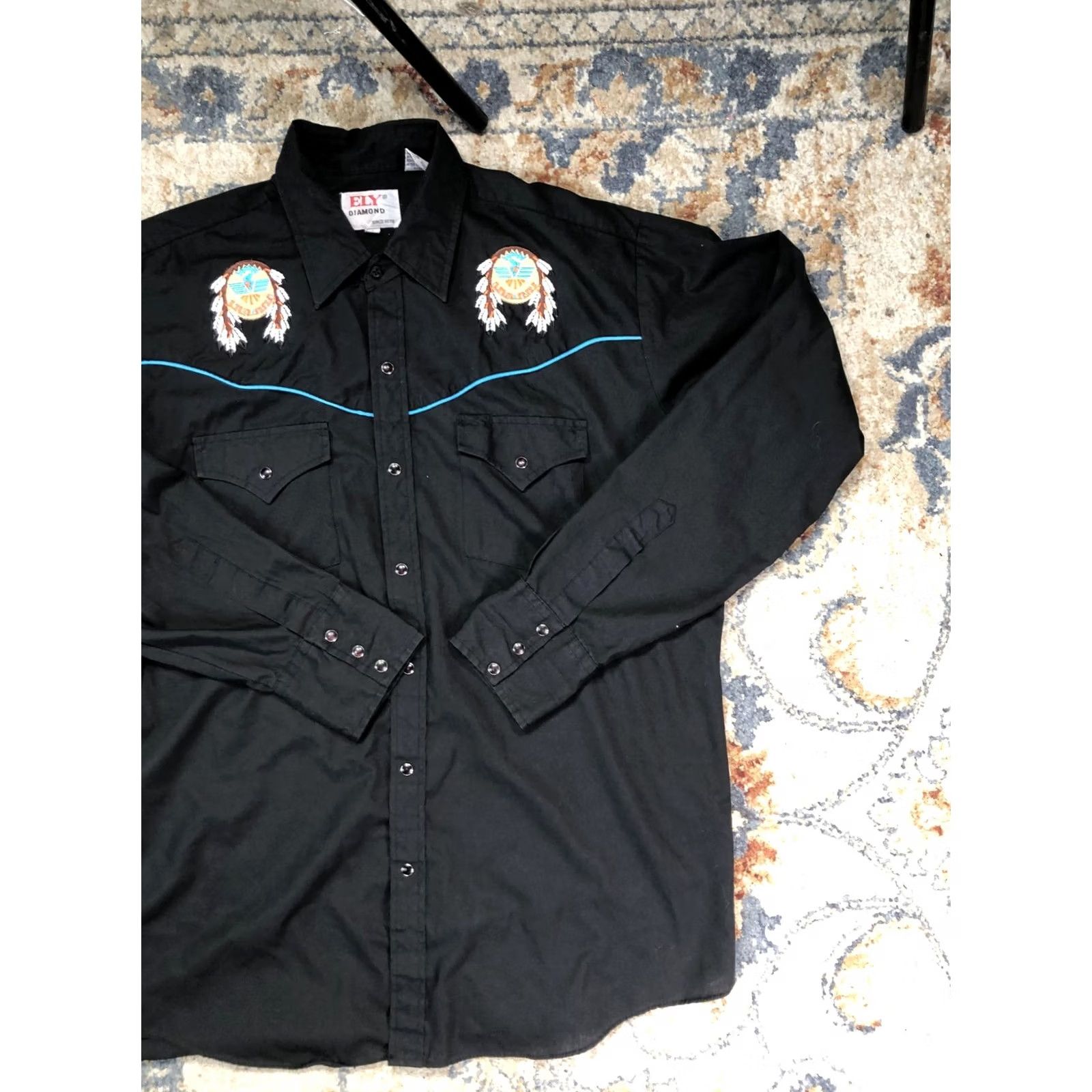 Vintage Ely Diamond Shirt Mens Large Black Western Pearl Snap Long Sleeve Thunderbird Size US L / EU 52-54 / 3 - 3 Thumbnail