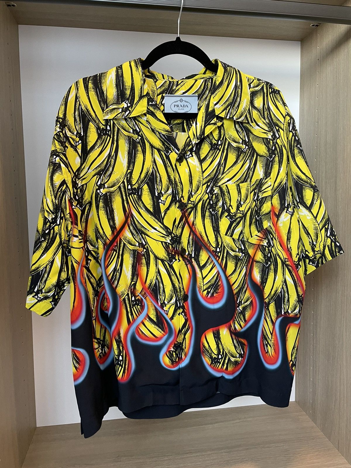 image of Prada Banana And Flame Nylon Camp Collar Shirt in Yellow, Men's (Size XL)