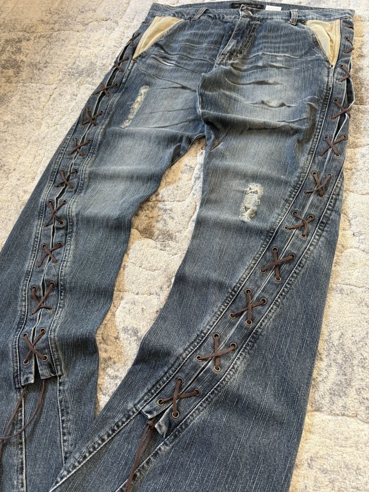 If Six Was Nine Slow Hand Jam 40 Paneled Asymmetrical Lace Up Flared Jeans Size US 32 / EU 48 - 4 Thumbnail