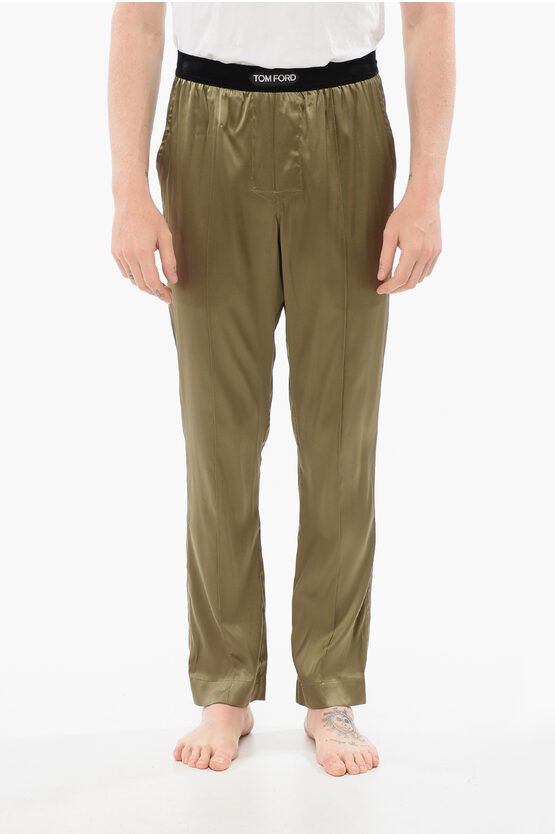 Tom Ford SILK SATIN PIJAMA PANTS WITH VELOUR DETAIL military green Size US 36 / EU 52 - 1 Thumbnail