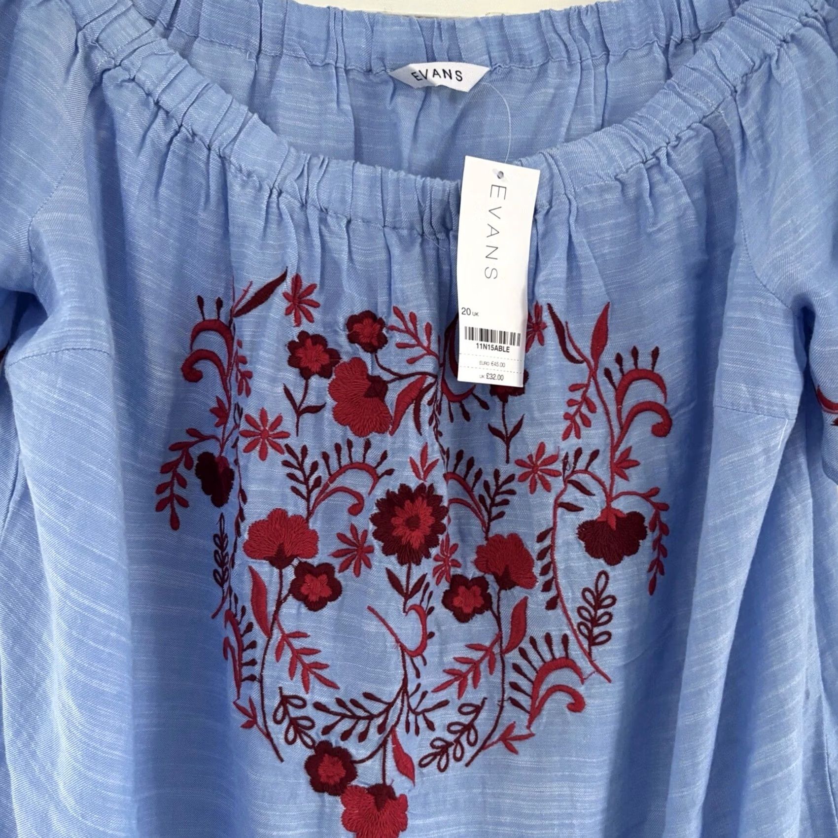 Vintage VINTAGE? No — Evans Top Off The Shoulder Blue Floral Embroidery UK 20 Womens BNWT Off The Shoulder Top Size 3XL / US 20-22 - 3 Thumbnail