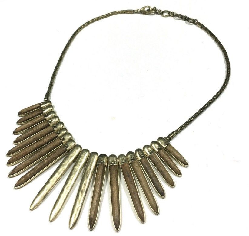 Lucky Brand LUCKY BRAND Hammered Brass & Wood Collar Necklace 18" Boho Size ONE SIZE - 1 Thumbnail