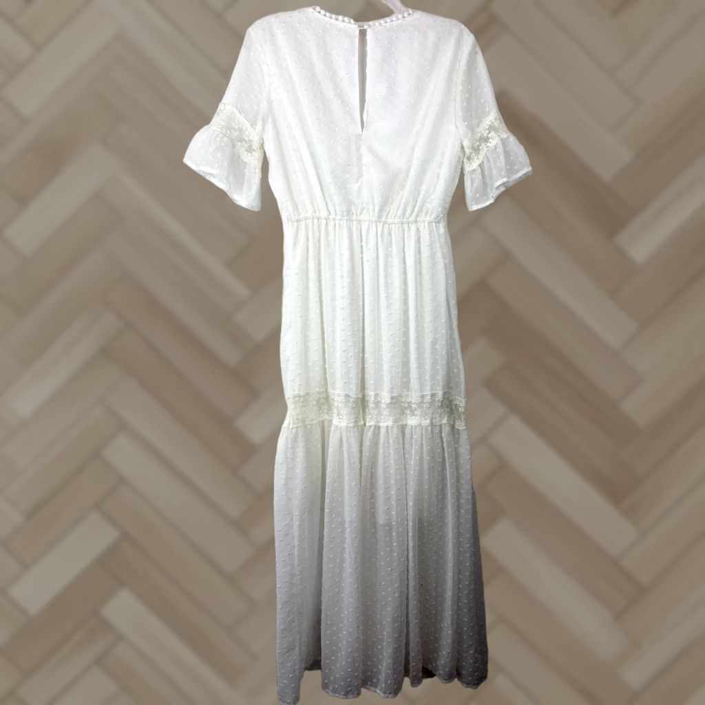 Vintage Tiered Maxi Dress Womens Small White Swiss Dot Off the Shoulder Puff Sleeve Milkmaid Boho Festival Sundress Maxi Dress Women White Size S / US 4 / IT 40 - 1 Thumbnail