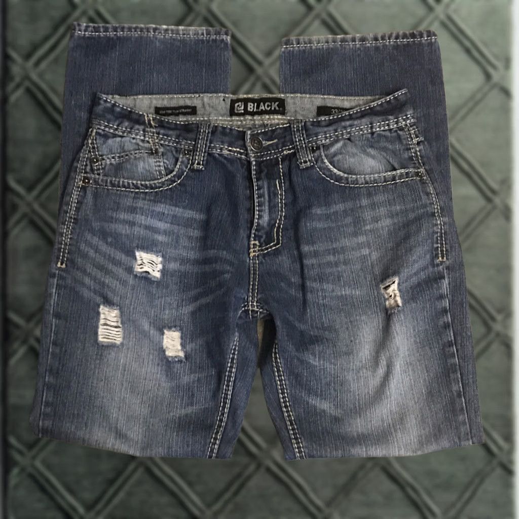 Vintage CJ Black Mens 33x32 Slim Straight Blue Jeans Low Rise Distressed Thick Stitch Size US 33 - 1 Thumbnail
