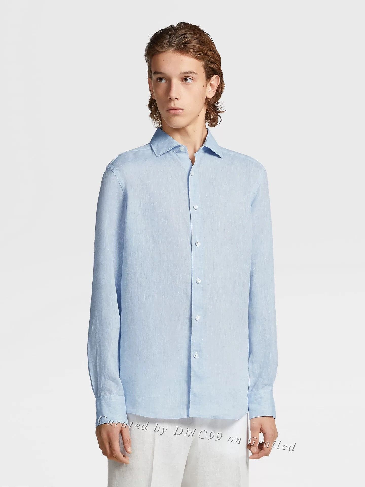 Ermenegildo Zegna ZEGNA Light Blue Linen Long-Sleeve Shirt Size US S / EU 44-46 / 1 - 4 Thumbnail