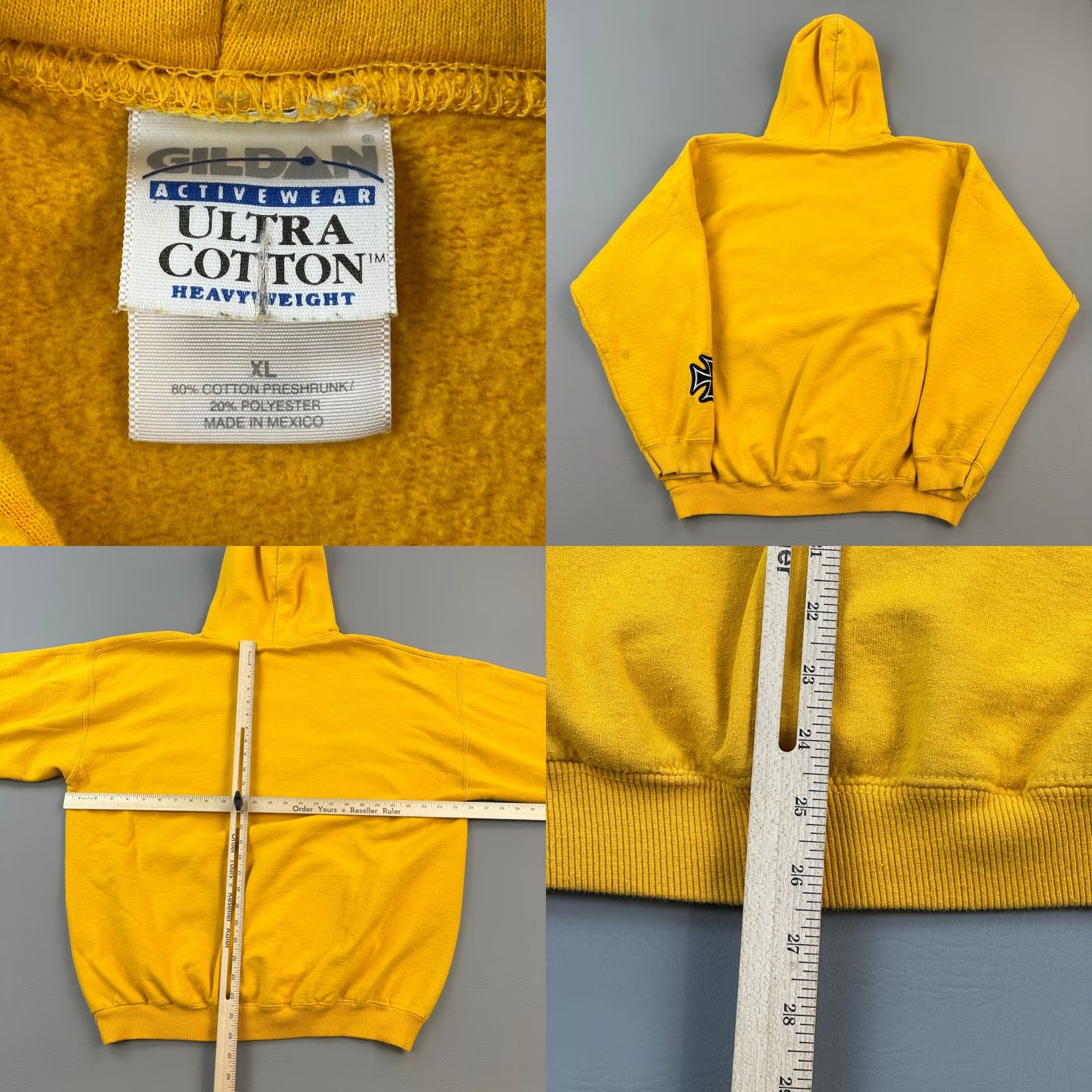 Gildan Vintage Biker Hoodie Mens XL Yellow 2004 Sturgis Iron Cross Patches Pullover Y2K Gildan Size US XL / EU 56 / 4 - 8 Thumbnail