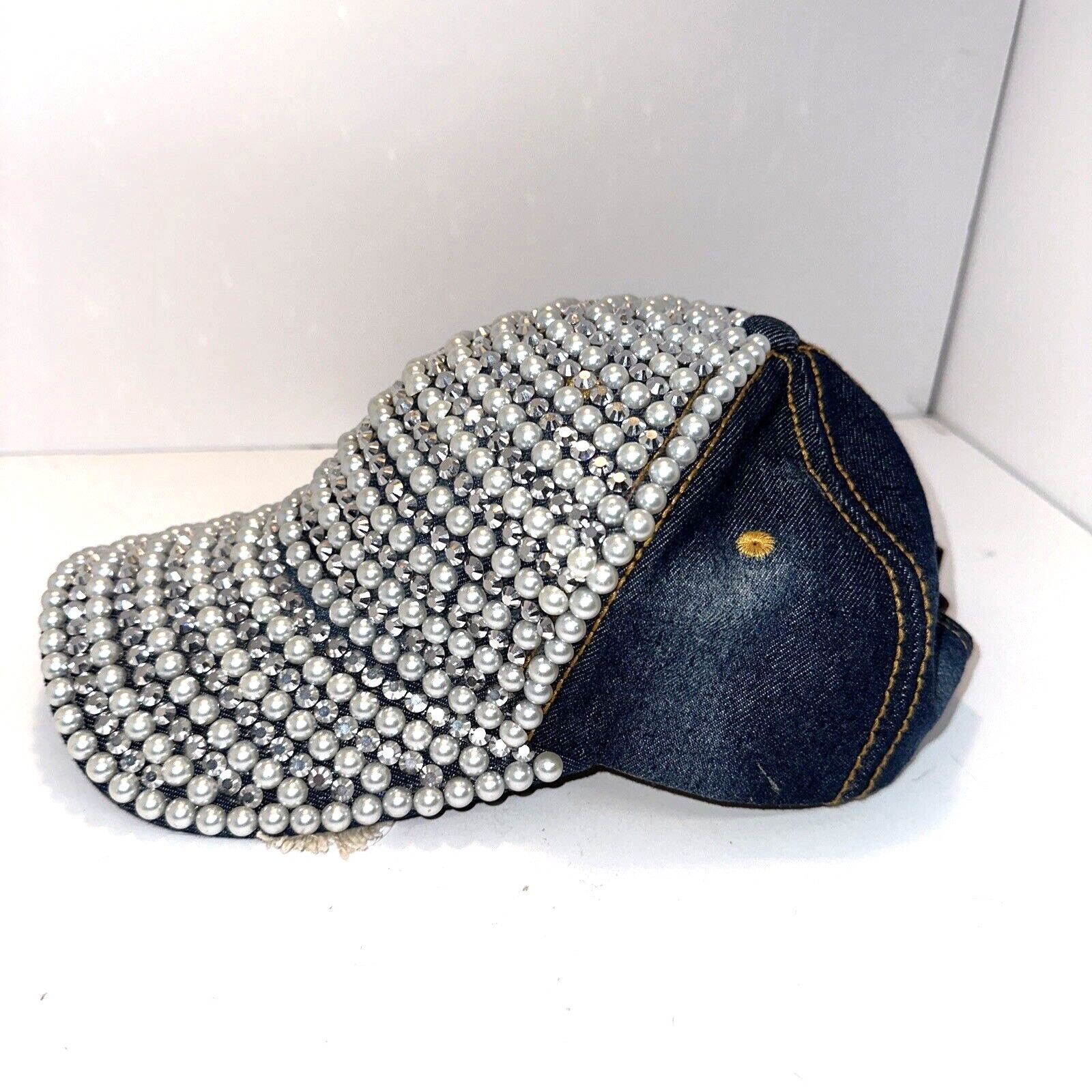 Other 29 Palms Cap Hat Faux Pearls & Rhinestone Blue Jean Leather Size ONE SIZE - 1 Thumbnail