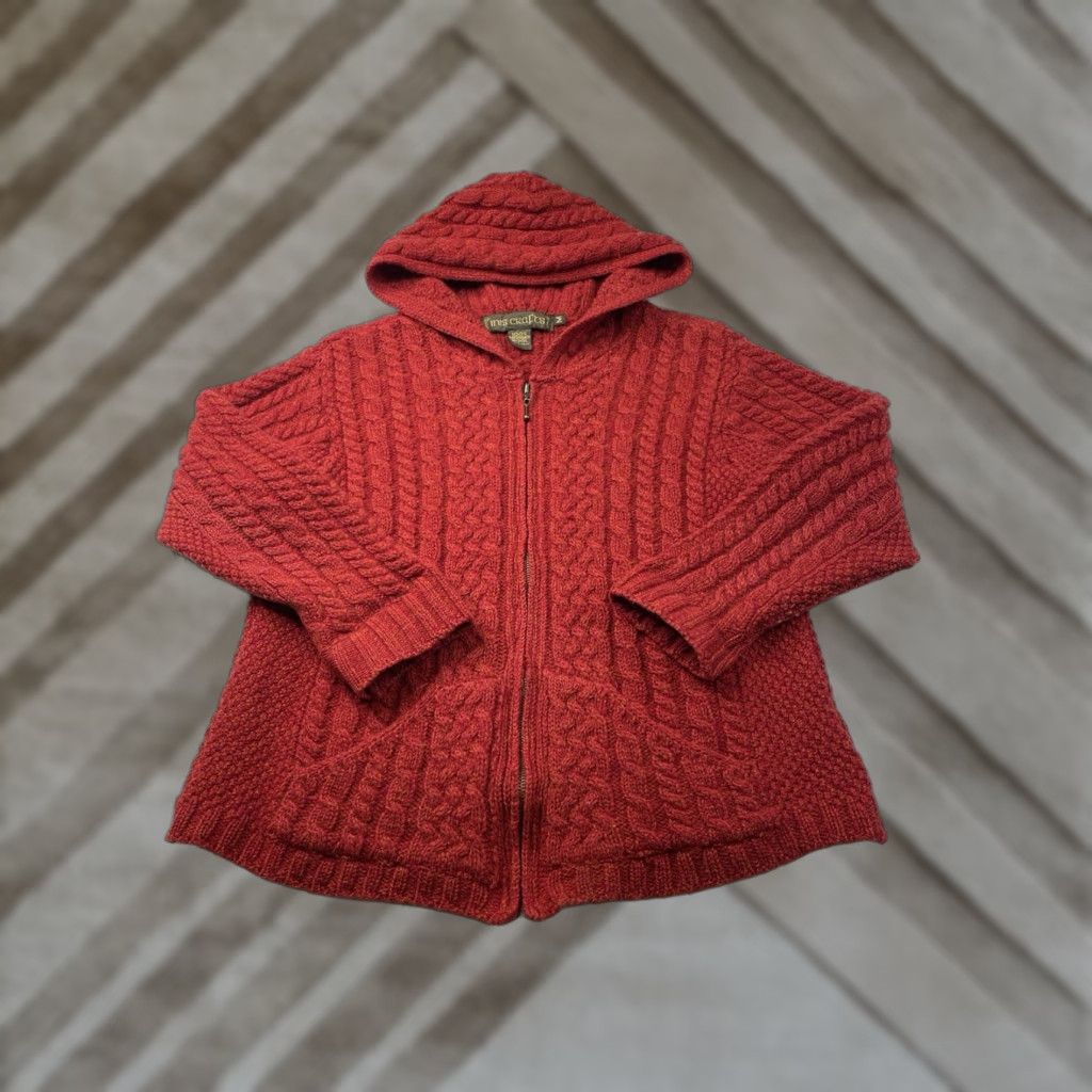 Vintage Inis Crafts Cardigan Sweater Womens M Red Ireland Wool Knit Full Zip Hooded Size M / US 6-8 / IT 42-44 - 1 Thumbnail