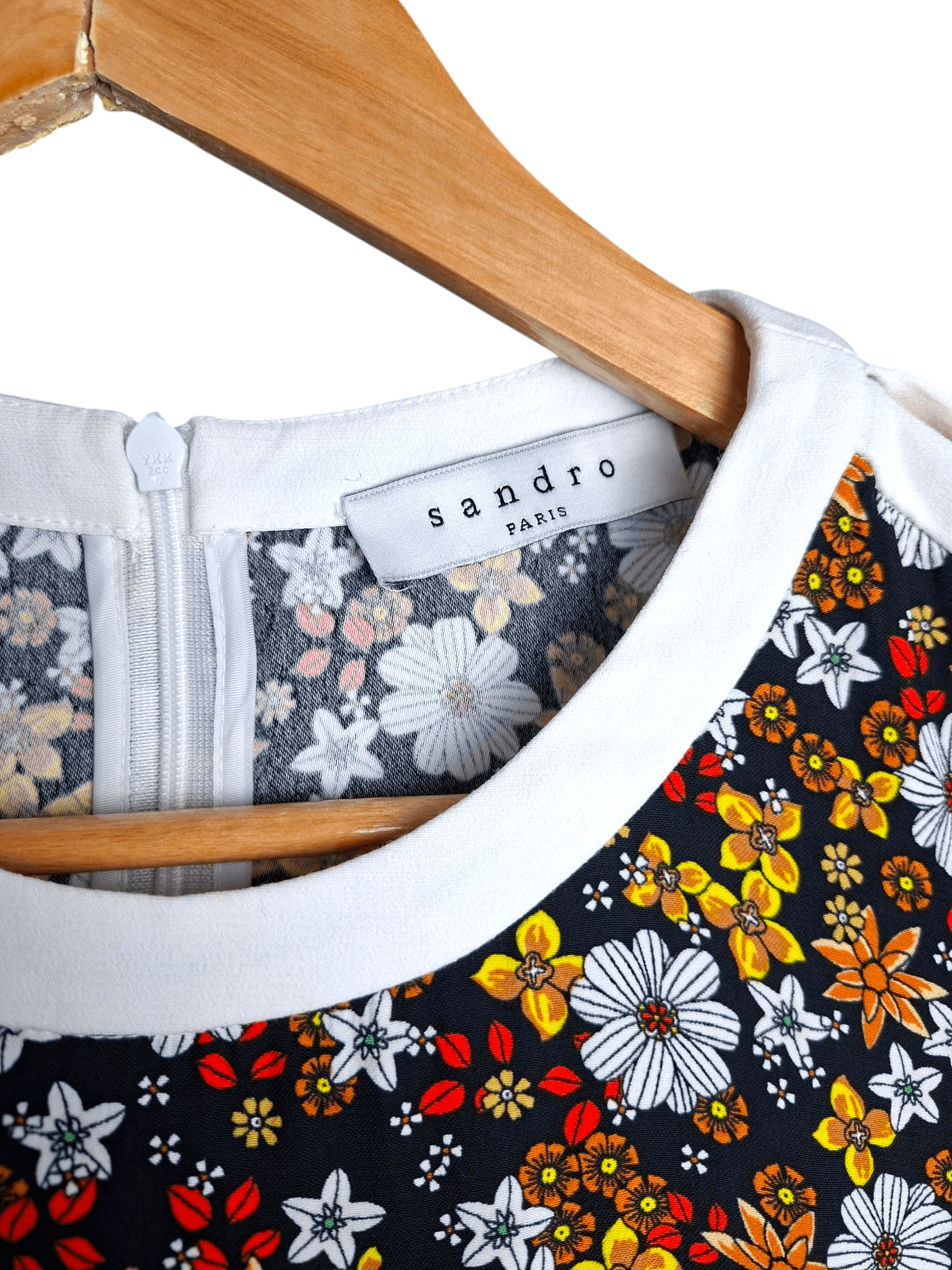 Sandro SANDRO Paris Floral Mini Dress White Trim Split Sleeve Retro Size XS / US 0-2 / IT 36-38 - 8 Thumbnail