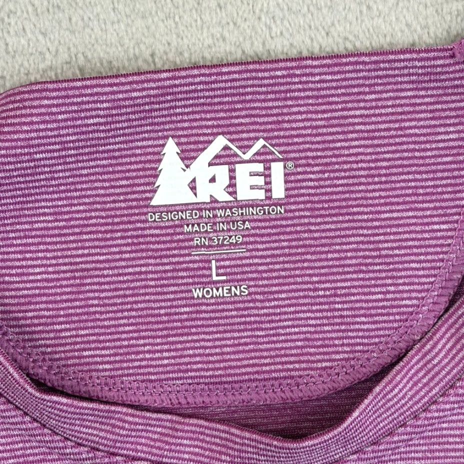 REI Co-Op Performance T Shirt Striped Purple Fuschia Women Large Long Sleeve NWOT Pullover Crew Neck Activewear Outdoor