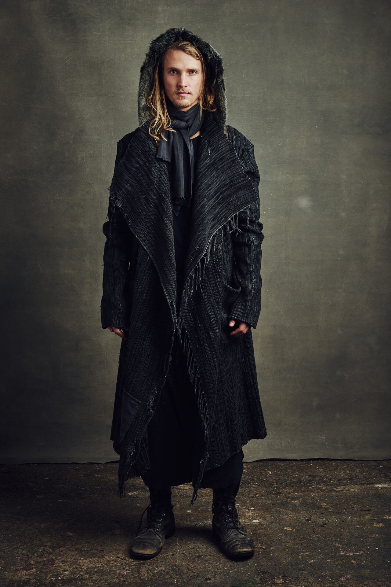 FW16 Greg Lauren Fur Hood Charcoal Woven Leather Nomad Coat