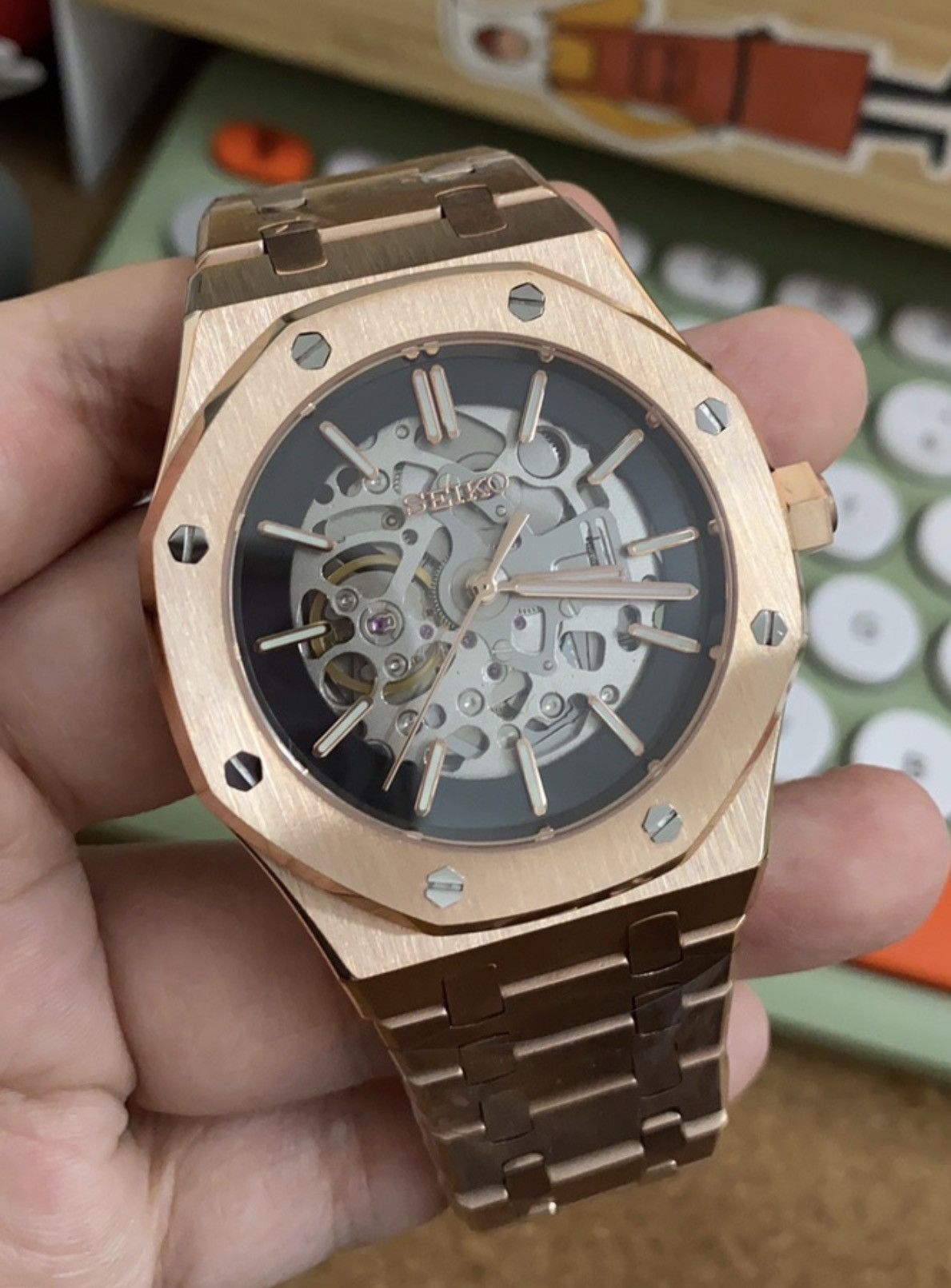 Seiko Mod Royal Oak Skeleton Dial Rosegold Watch NH35 41mm