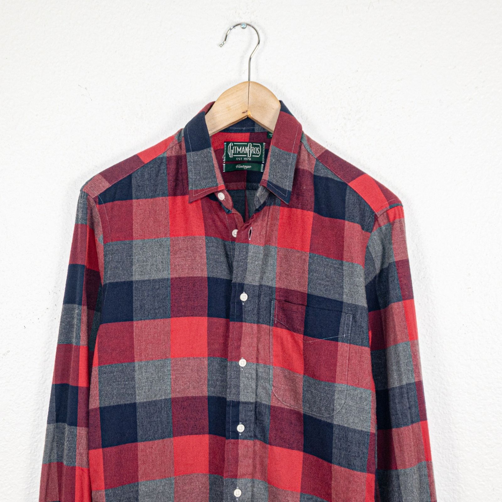 Gitman Bros Vintage Red Gray Check Flannel Shirt 100% Cotton