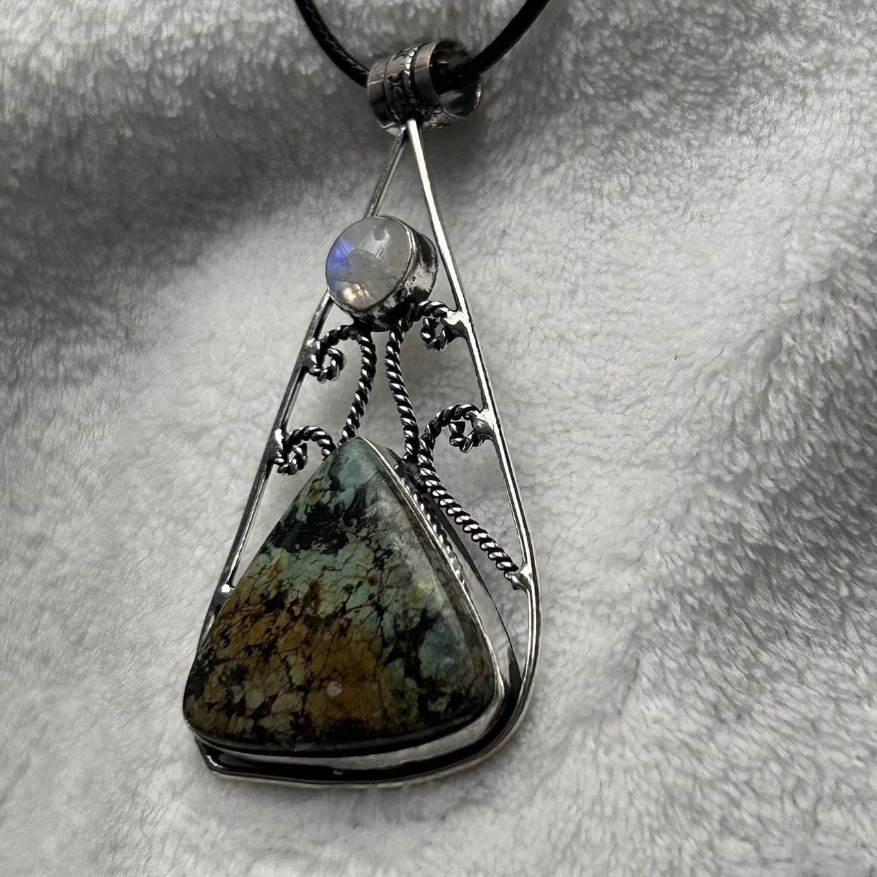 Vintage African Turquoise & Rainbow moonstone Silver Plated Pendant Size ONE SIZE - 3 Thumbnail