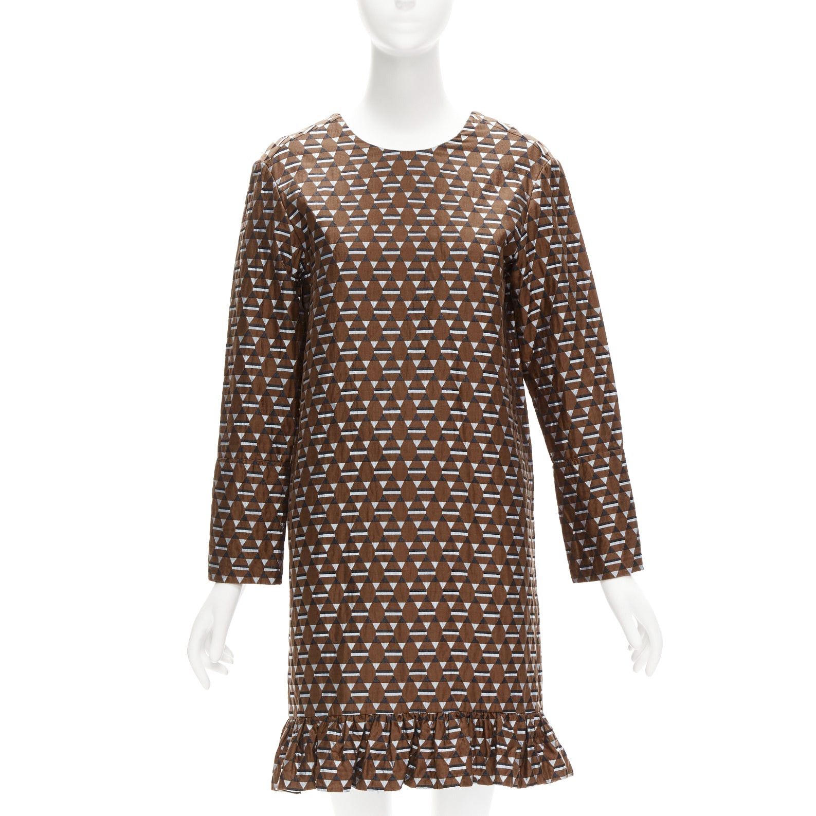 image of Marni Brown Blue Geometric Jacquard Frill Hem Dress It38 Xs, Women's