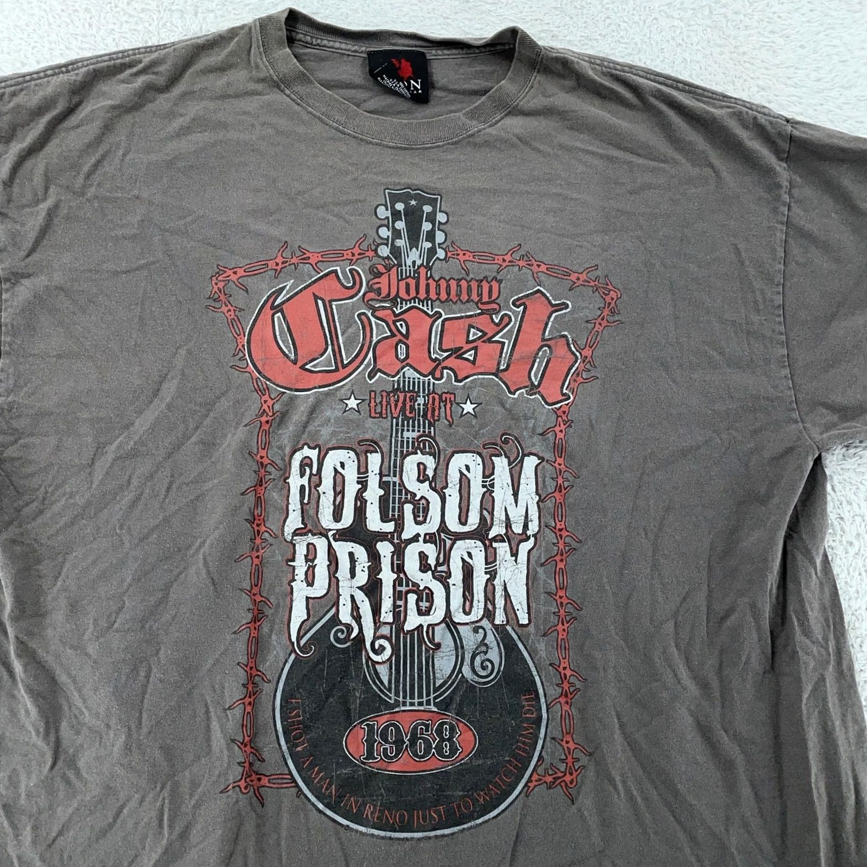 Vintage Johnny Cash Shirt Mens XL Brown Gray Folsom Prison 1968 Rock Band Country Size US XL / EU 56 / 4 - 2 Thumbnail