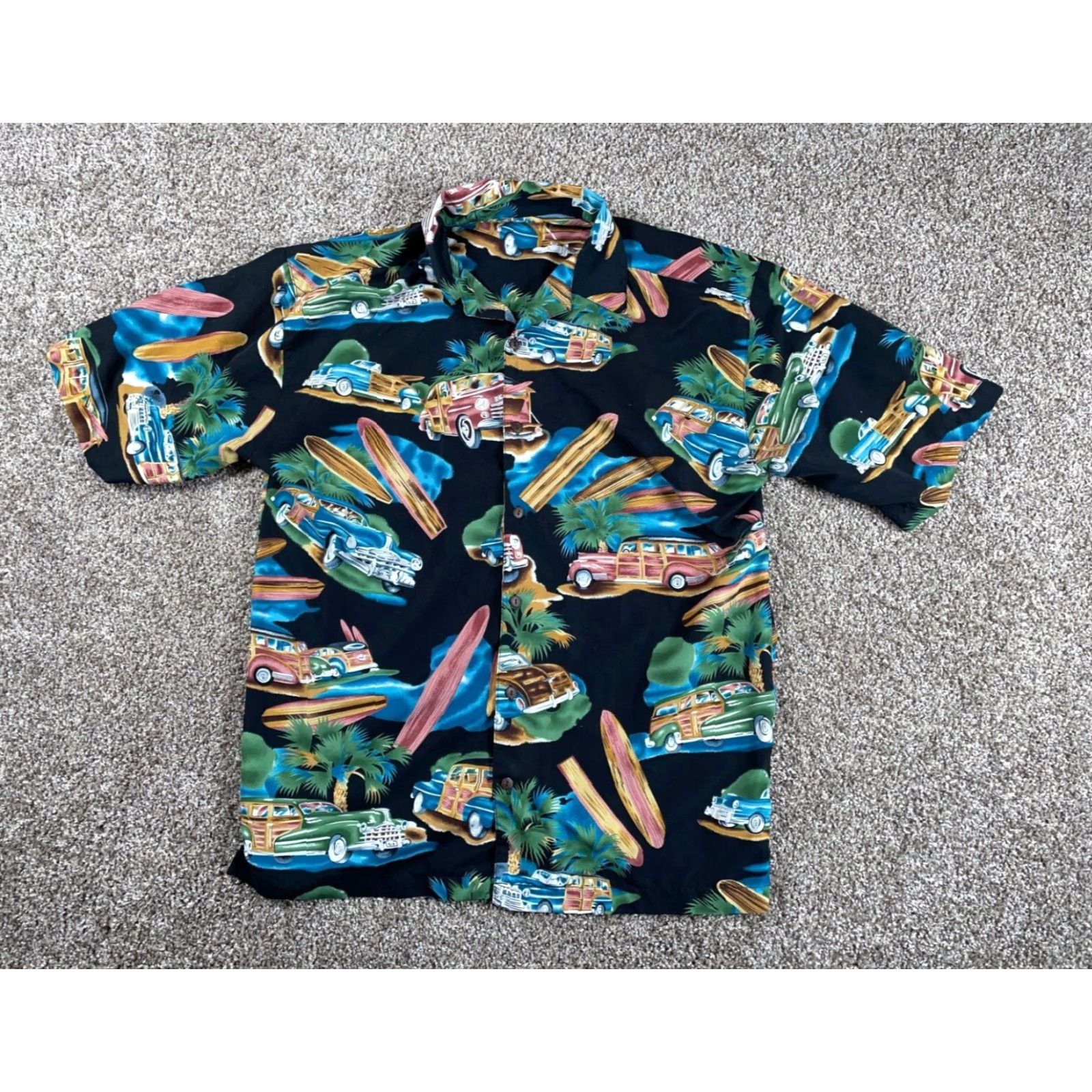 Vintage VTG Classic Car Hawaiian Shirt Adult Large Black Aloha Camp Collar Surf Retro Vintage Mens Shirt Hawaii Floral Short Sleeve Button-Up Size US L / EU 52-54 / 3 - 2 Thumbnail