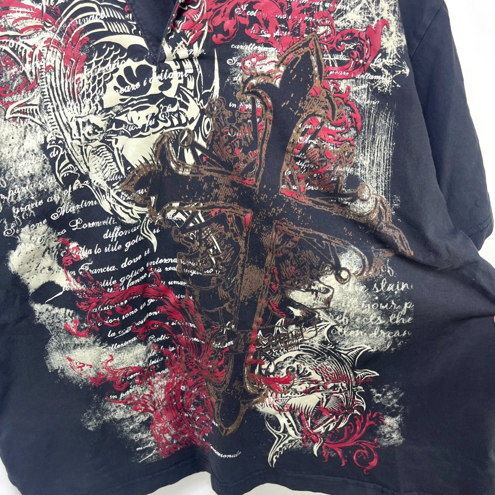 Affliction VINTAGE Affliction Style Cross AOP Graphic Shirt XL Men Black Cotton Skull Tattoo 2000s Modern Size US XL / EU 56 / 4 - 2 Thumbnail