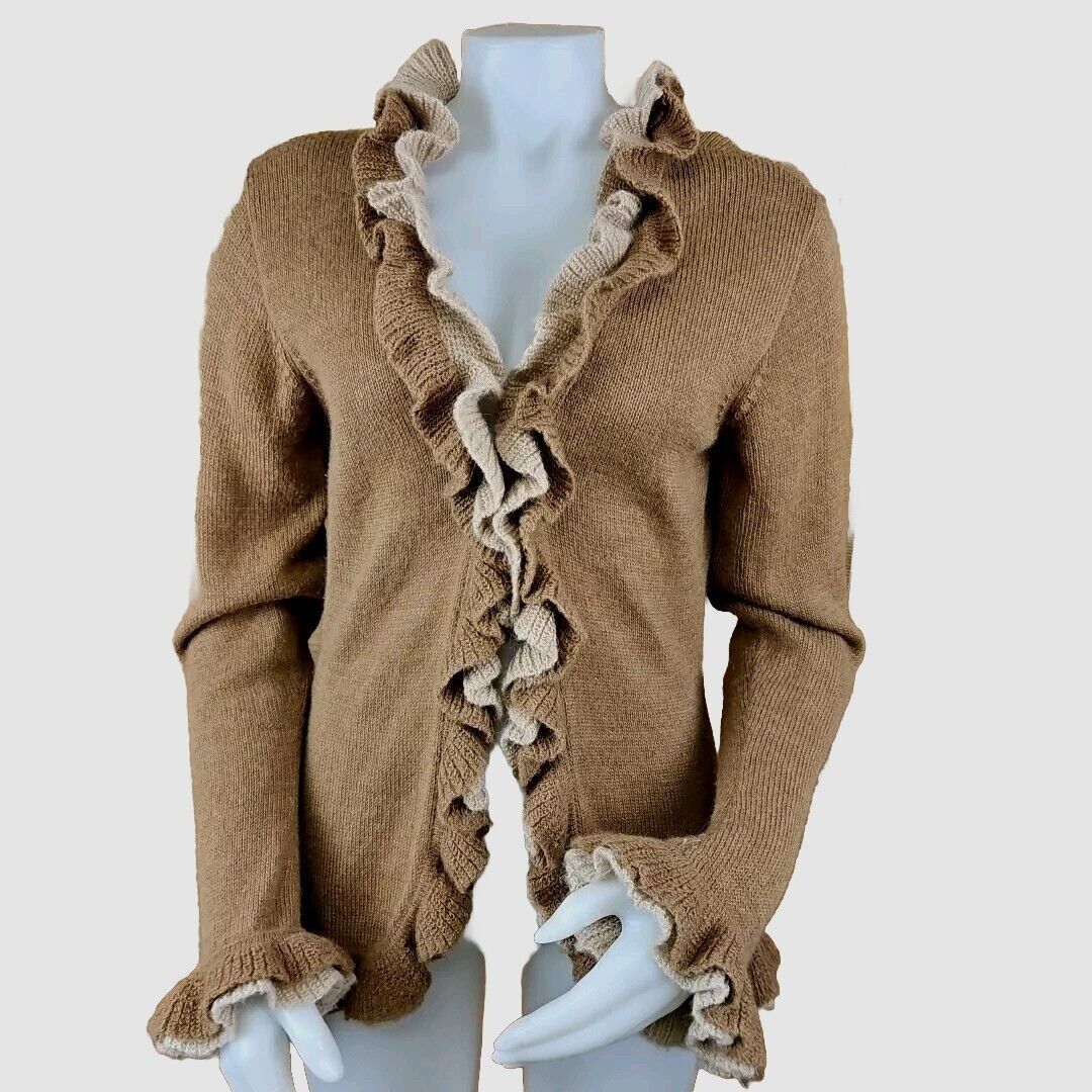 Handmade Baby Alpaca Sweater Womens L Beige Brown Ruffled Long Sleeve Size L / US 10 / IT 46 - 1 Thumbnail