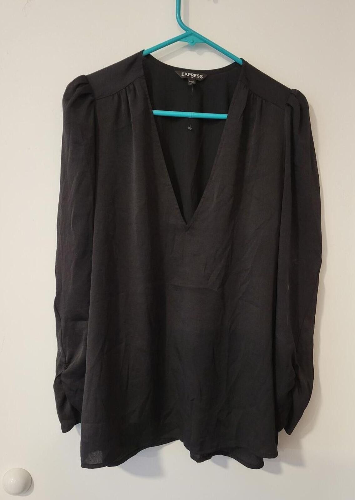 Express Express Black Long Sleeve V-Neck Blouse, 100% Polyester Size XL / US 12-14 / IT 48-50 - 1 Thumbnail
