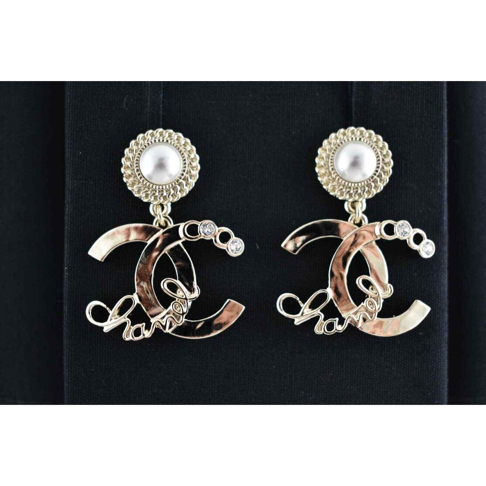 Chanel Chanel Gold Crystal Pearl White Dangle Statement Earrings Size ONE SIZE - 8 Thumbnail