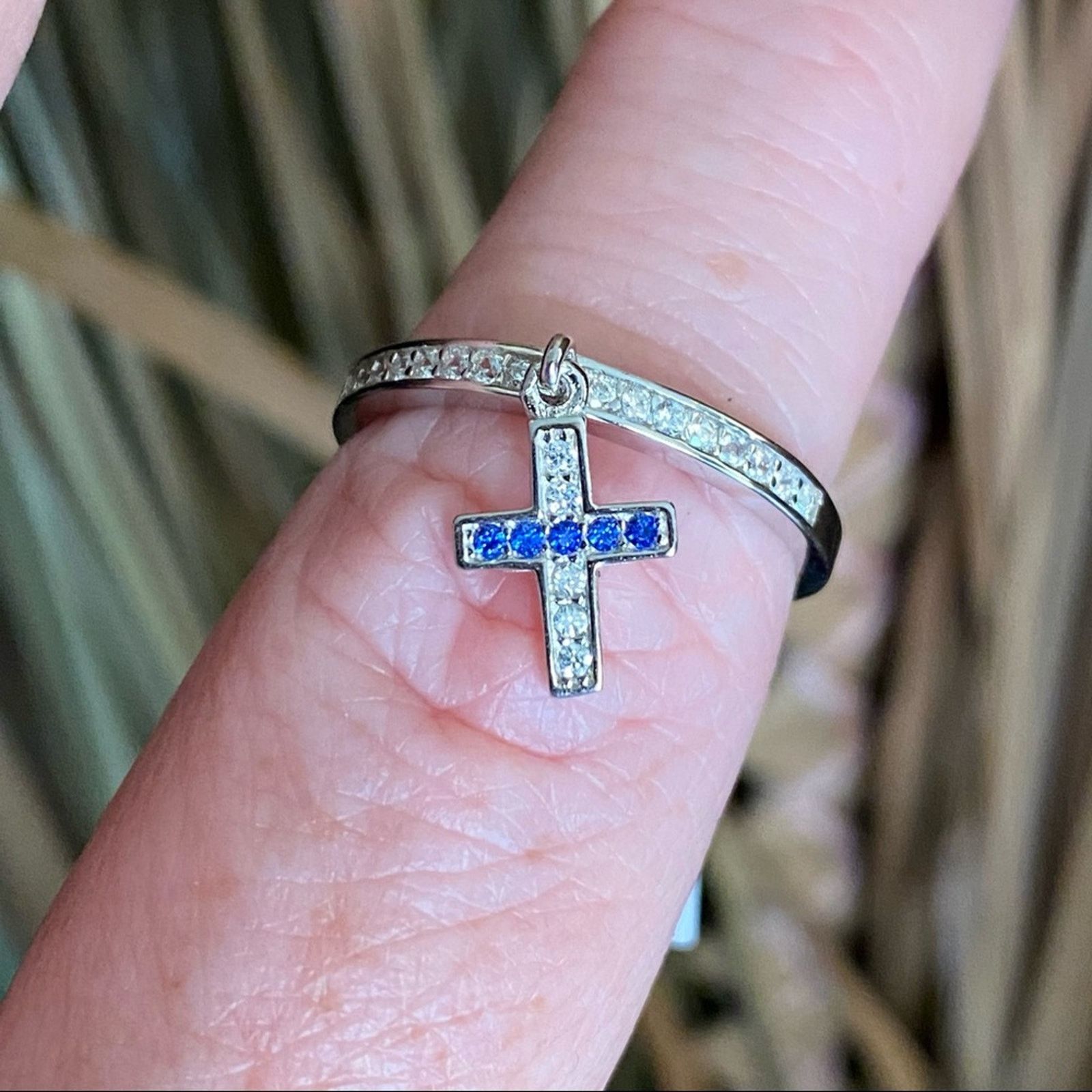The Unbranded Brand Sapphire CZ Cross Dangle Sterling Silver Ring Size ONE SIZE - 3 Thumbnail