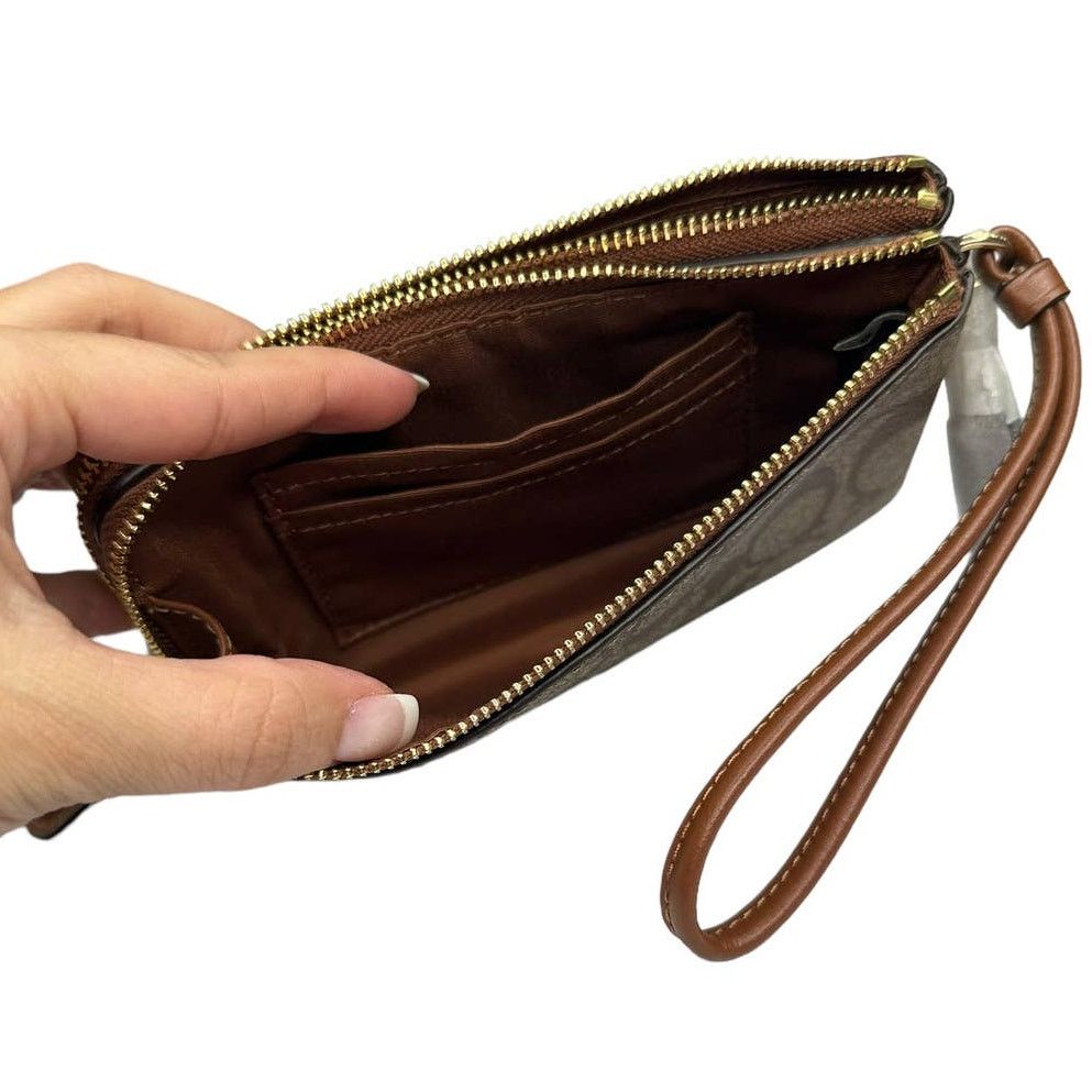 Coach Coach Double Corner Zip Wristlet In Signature Khaki Reedwood Size ONE SIZE - 4 Thumbnail