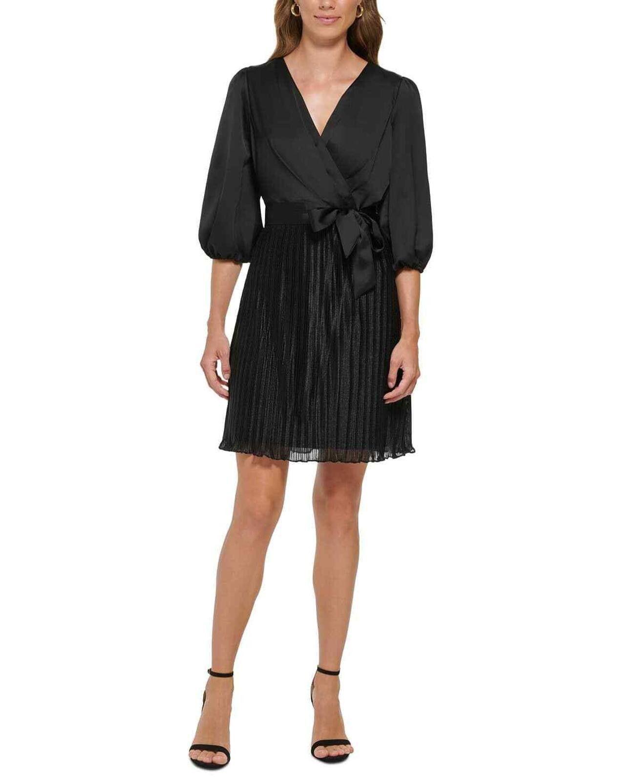 DKNY DKNY Women's Black Pleated Balloon Sleeve Faux Wrap Dress Size XL / US 12-14 / IT 48-50 - 1 Thumbnail
