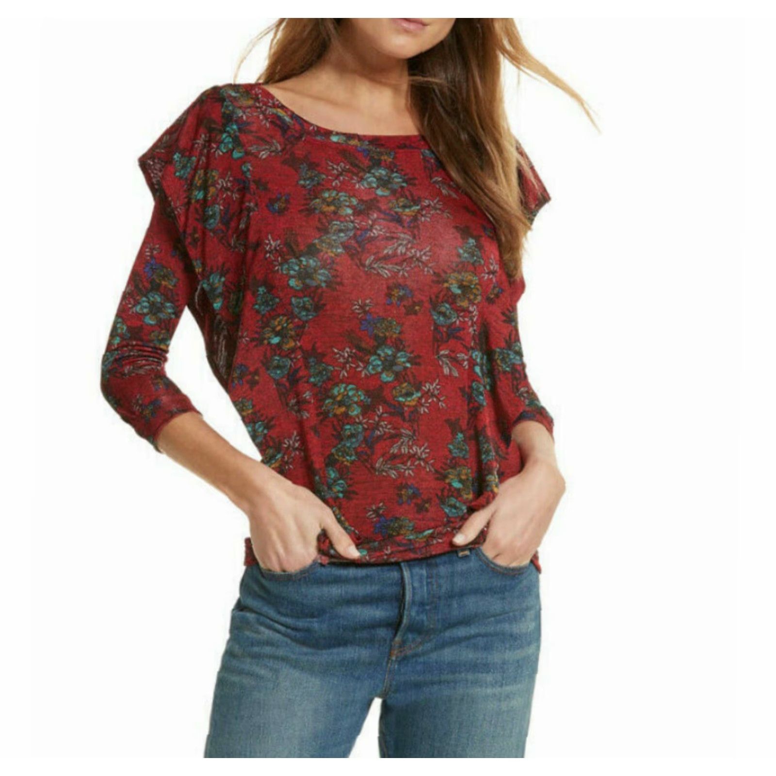 Free People Free People Dock Street Red Floral Ruffle 3/4 Sleeve Top L Women's Blouse Size L / US 10 / IT 46 - 2 Thumbnail