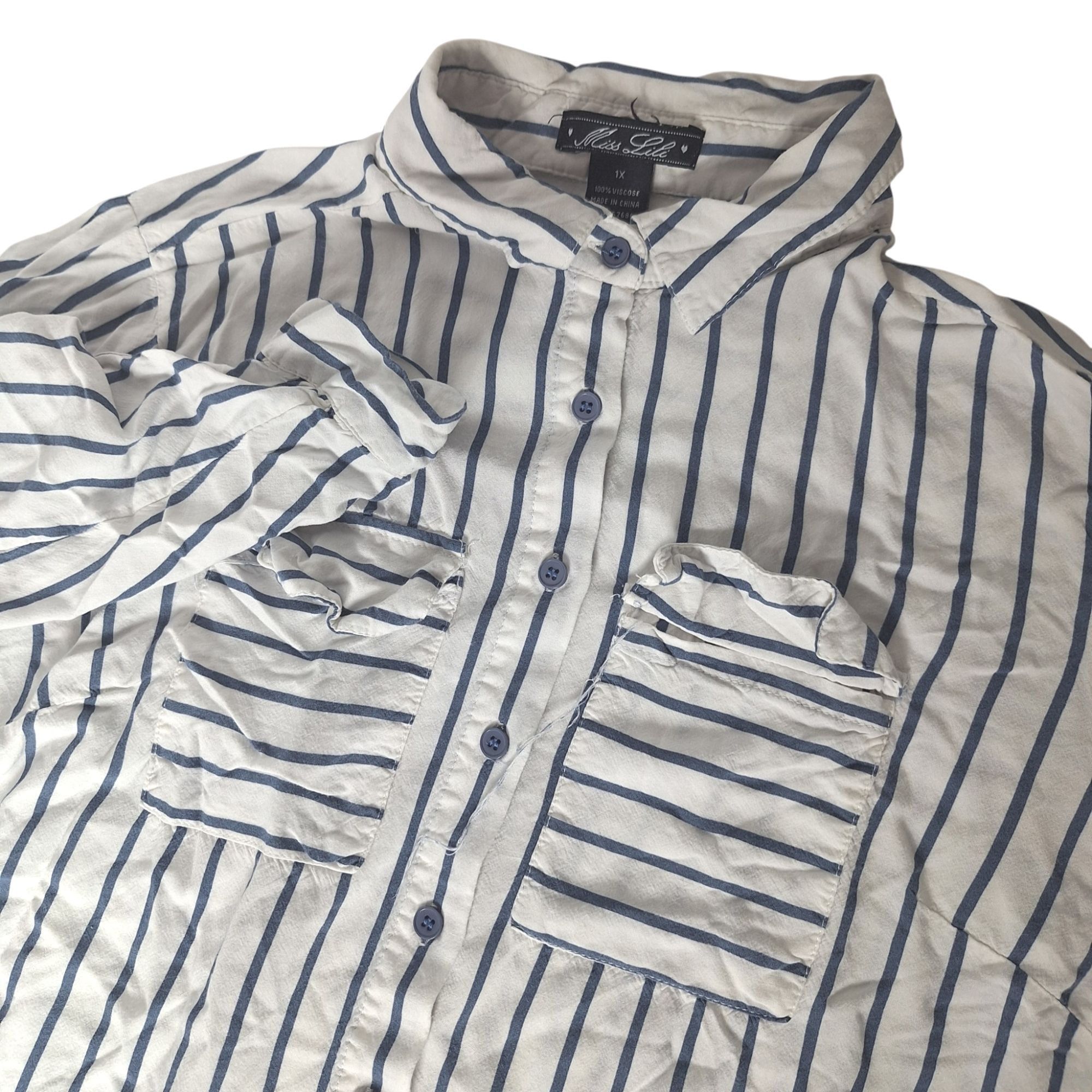 Other Miss Lili Blue White Striped Button Up Shirt Roll Tab Sleeve Size XL / US 12-14 / IT 48-50 - 1 Thumbnail