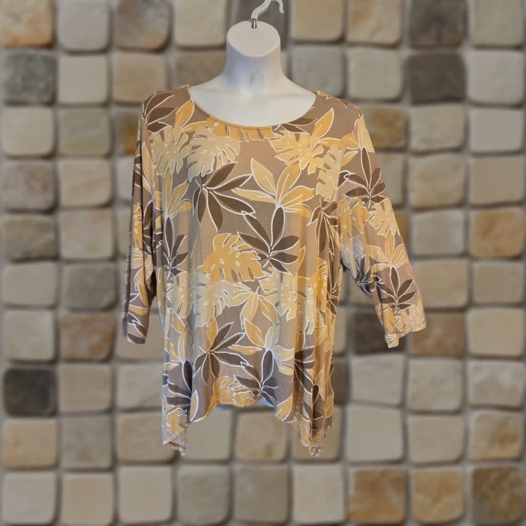 Vintage Ruby Rd Woman Yellow Light Brown Floral Leaf Print Asymmetrical Hem Tunic Top 3X Size XXL / US 16-18 / IT 52-54 - 1 Thumbnail