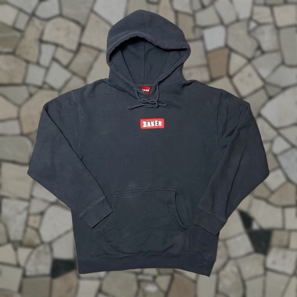 VINTAGE Baker Skateboards Box Logo Pullover Sweatshirt Hoodie M Black Cotton Fleece Graphic Print Pockets Skateboarding Men Mens
