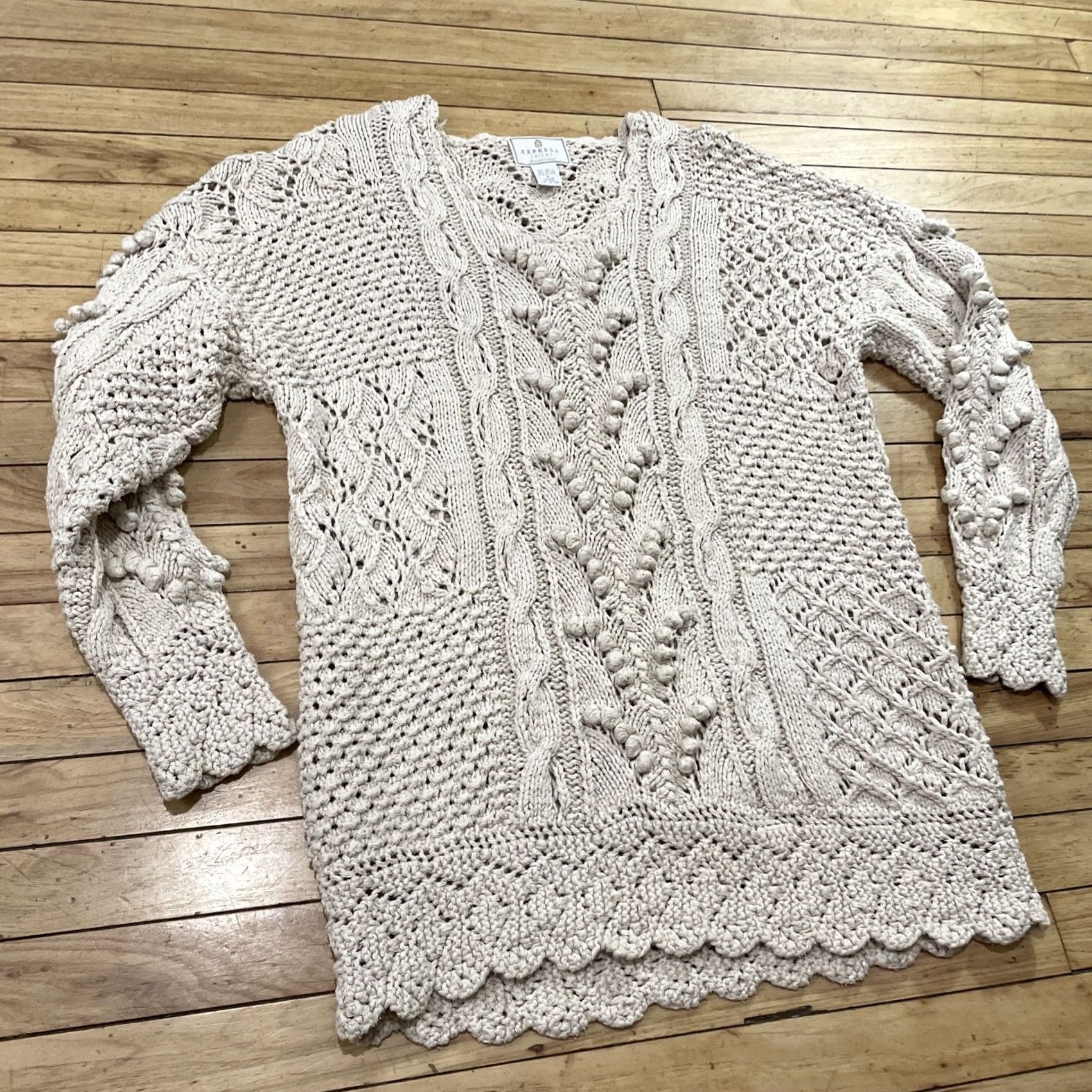 Express VINTAGE EXPRESS TRICOT Crochet Silk Tunic Sweater Dress Women M Cream Boho Hand Knit Shirt Size M / US 6-8 / IT 42-44 - 3 Thumbnail