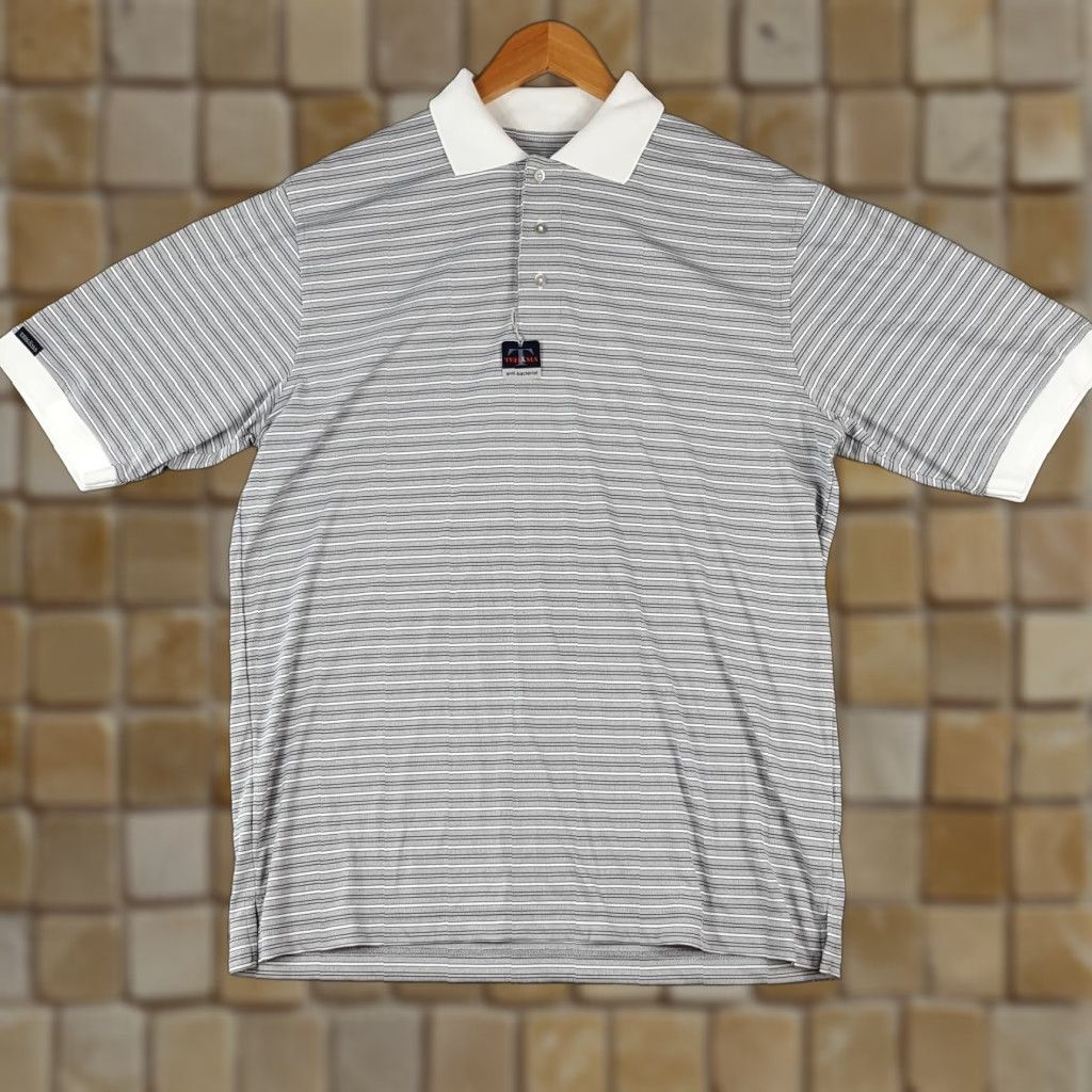 Vintage VINTAGE Tehama Breathable Striped Polo Shirt Men's L Gray Cotton Button Collared Polo Golf Shirt Size US L / EU 52-54 / 3 - 1 Thumbnail