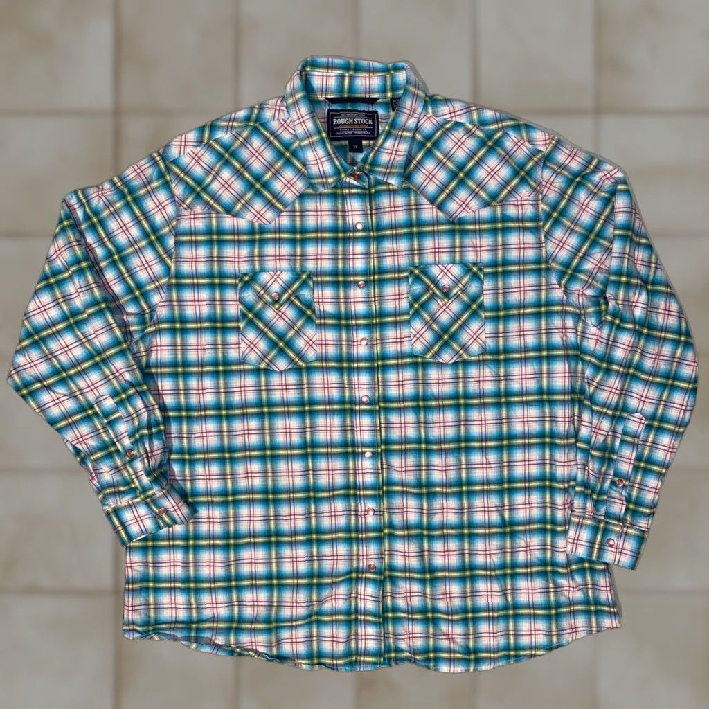 Vintage Rough Stock Panhandle Slim Button-Up Shirt - 2XL Women's Pink Plaid Long Sleeve, Casual Western, Cotton, Button, Knit, All Seasons, Easy Care Size XXL / US 16-18 / IT 52-54 - 1 Thumbnail