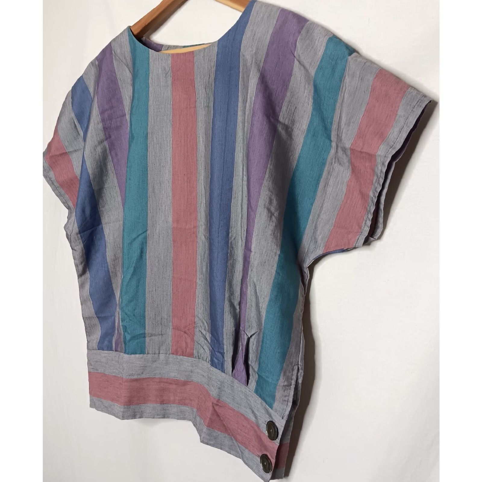 Pinko VINTAGE Blouse Women 14 Gray Pink Blue Stripe Wide Waistband Dolman Shirt Size XL / US 12-14 / IT 48-50 - 2 Thumbnail