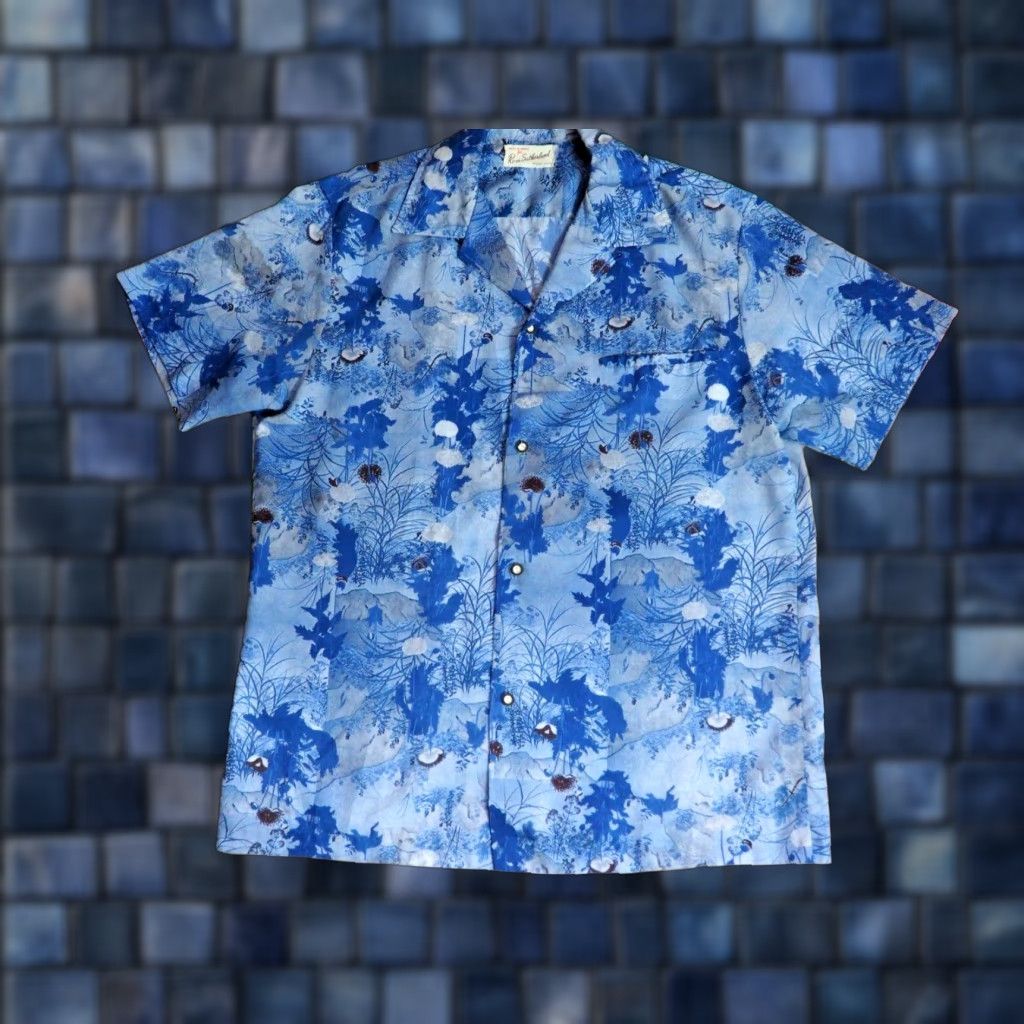Vintage VINTAGE Ross Sutherland Hawaiian Mountain Print Poly Button Loop Shirt Mens L Blue 60s Rockabilly Casual Hawaiian Decade 1960s Size US L / EU 52-54 / 3 - 1 Thumbnail