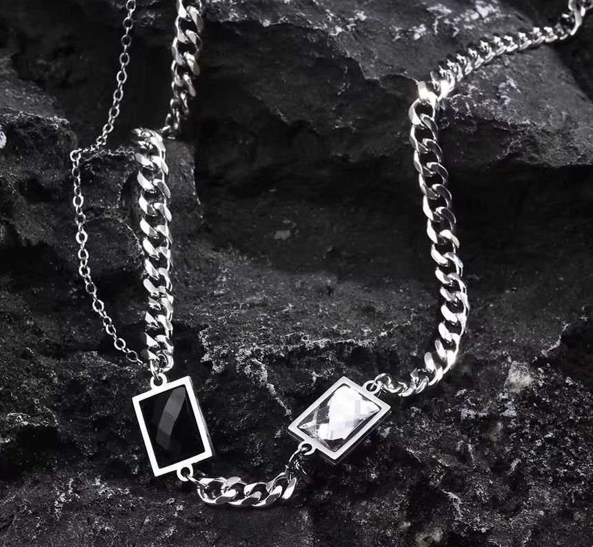 Jewelry Black CZ Stone Inlayed Sqaure Chain Necklace Size ONE SIZE - 4 Thumbnail