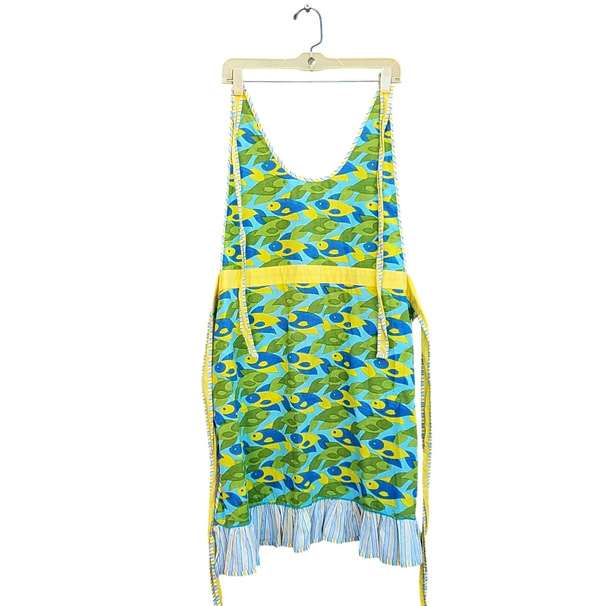 Other Retro Ruffled Bib Apron Colorful Blue Green Fish Pattern wit Size ONE SIZE - 6 Thumbnail