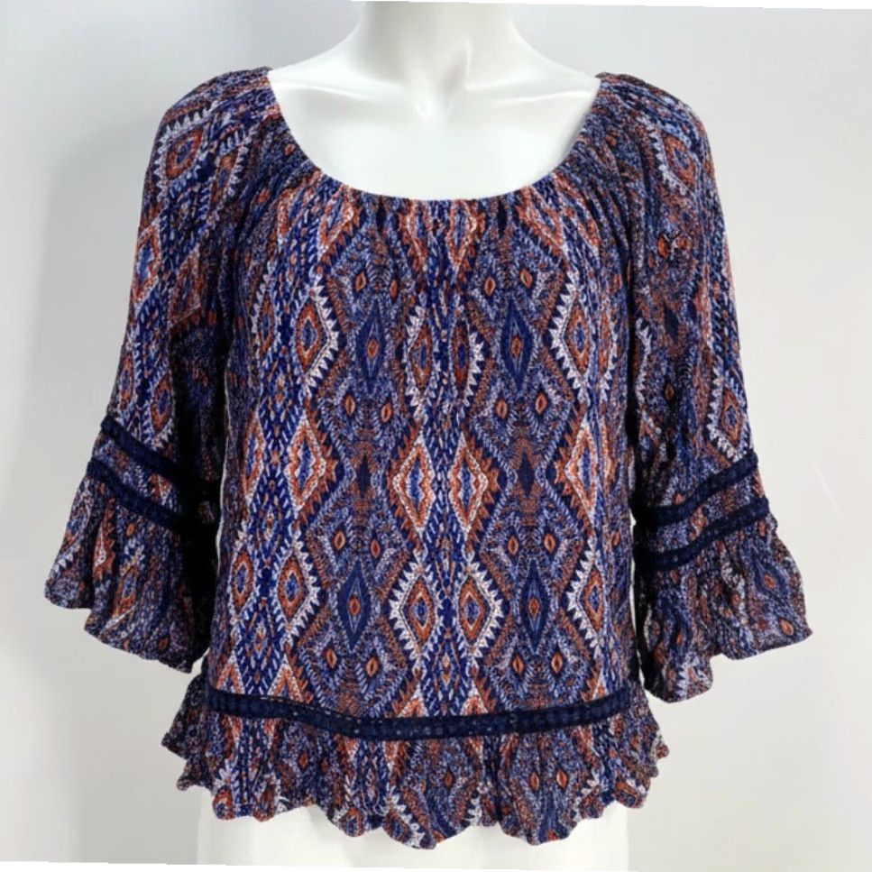 Vintage GNW Blouse S Blue Boho Bohemian Hippie Prairie Artsy Festival Tunic 3/4 Sleeve Scoop Neck Rayon Regular Womens Size S / US 4 / IT 40 - 2 Thumbnail