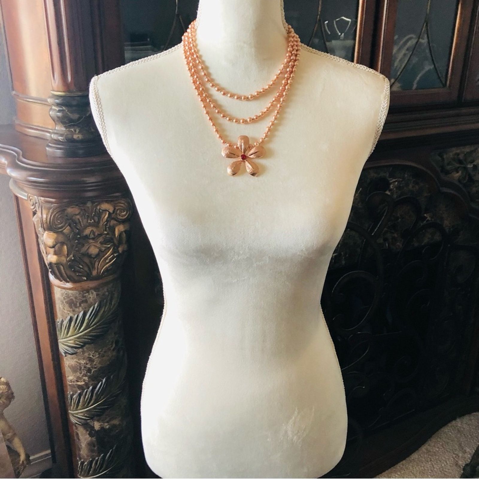 Handmade Handcrafted triple strand Czech Pearl genuine ruby neckla Size ONE SIZE - 5 Thumbnail