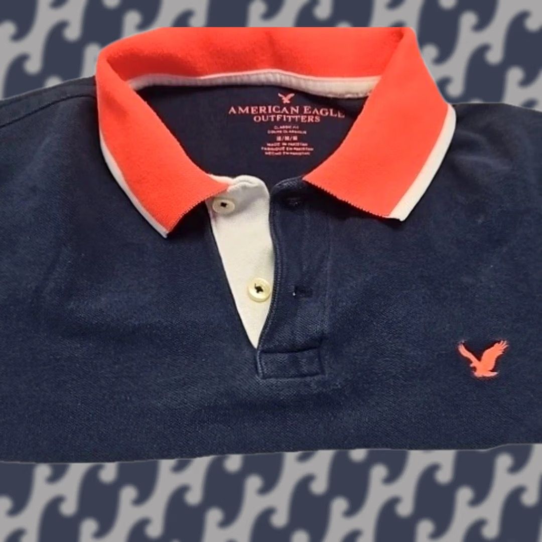 American Eagle Outfitters American Eagle Polo Shirt Mens M Navy Orange Stripe Classic Fit Cotton Preppy Size US M / EU 48-50 / 2 - 1 Thumbnail