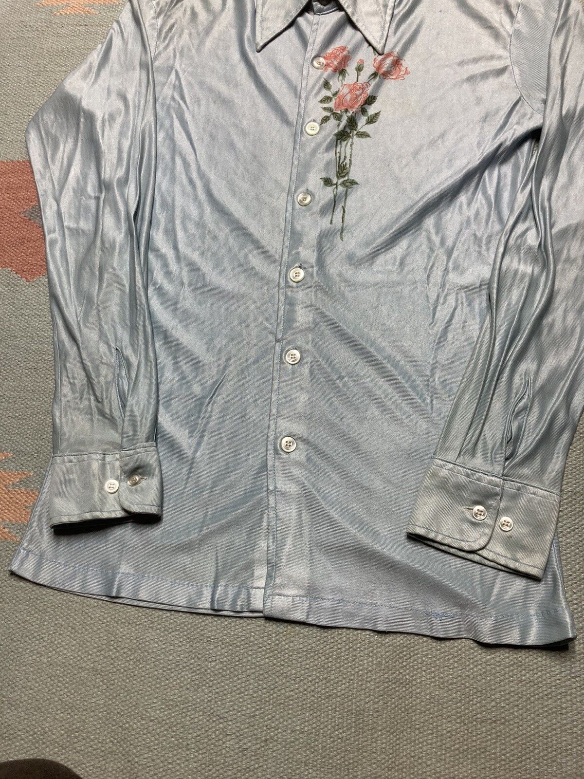 Vintage Vtg 70s polyester disco shirt dagger collar flowers medium Size M / US 6-8 / IT 42-44 - 2 Thumbnail