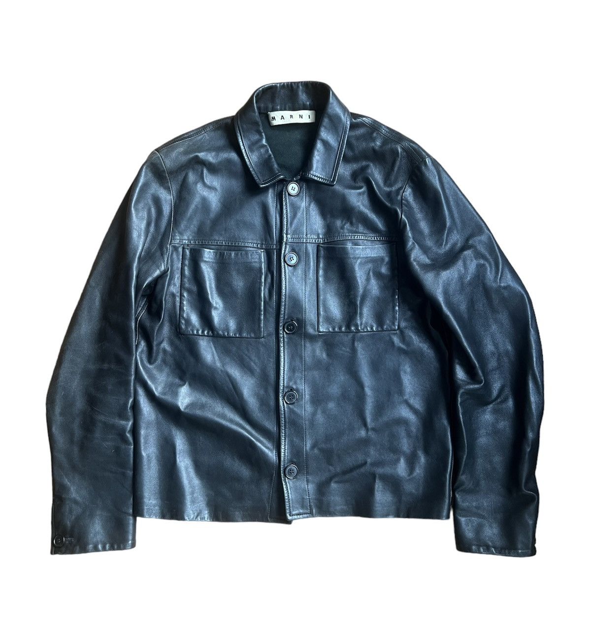 image of Marni Two Pocket Lamb Leather Trucker Jacket in Black, Men's (Size Medium)