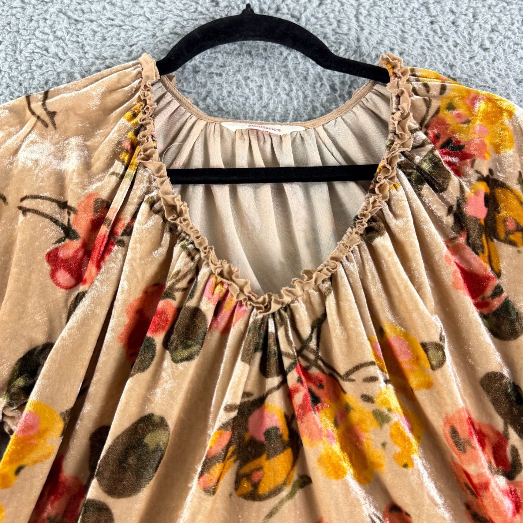 Vintage Sundance Top Womens Small Brown Floral Velvet Puff Sleeve Pullover Casual Shirt Bodice Blooming Bohemian City Wool? Size S / US 4 / IT 40 - 3 Thumbnail