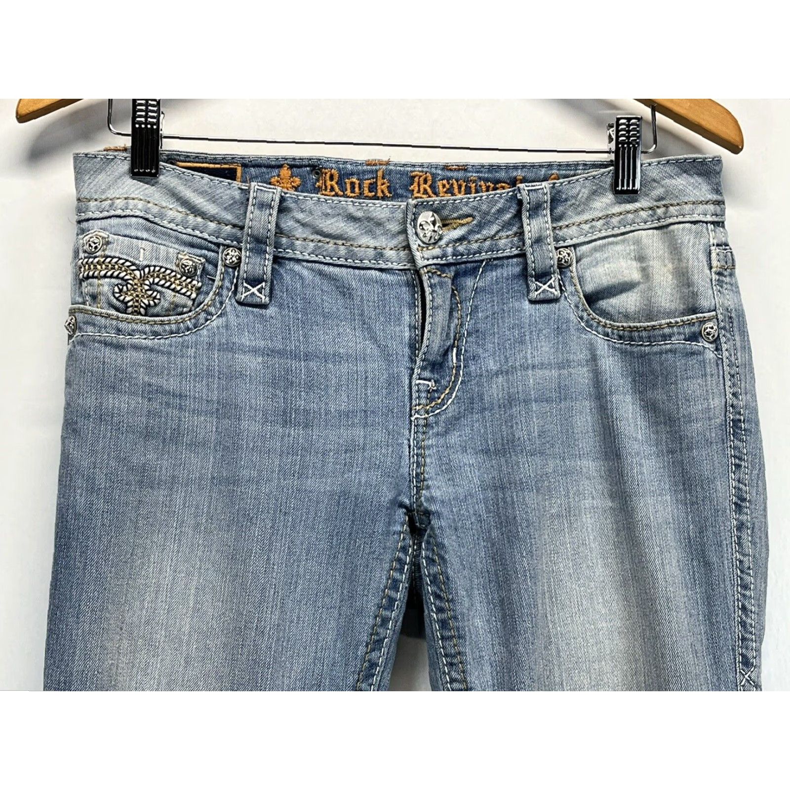 Vintage Rock Revival Bootcut Jeans Womens Low Rise Embroidered Blue Sz 27 Size 27" / US 4 / IT 40 - 4 Thumbnail