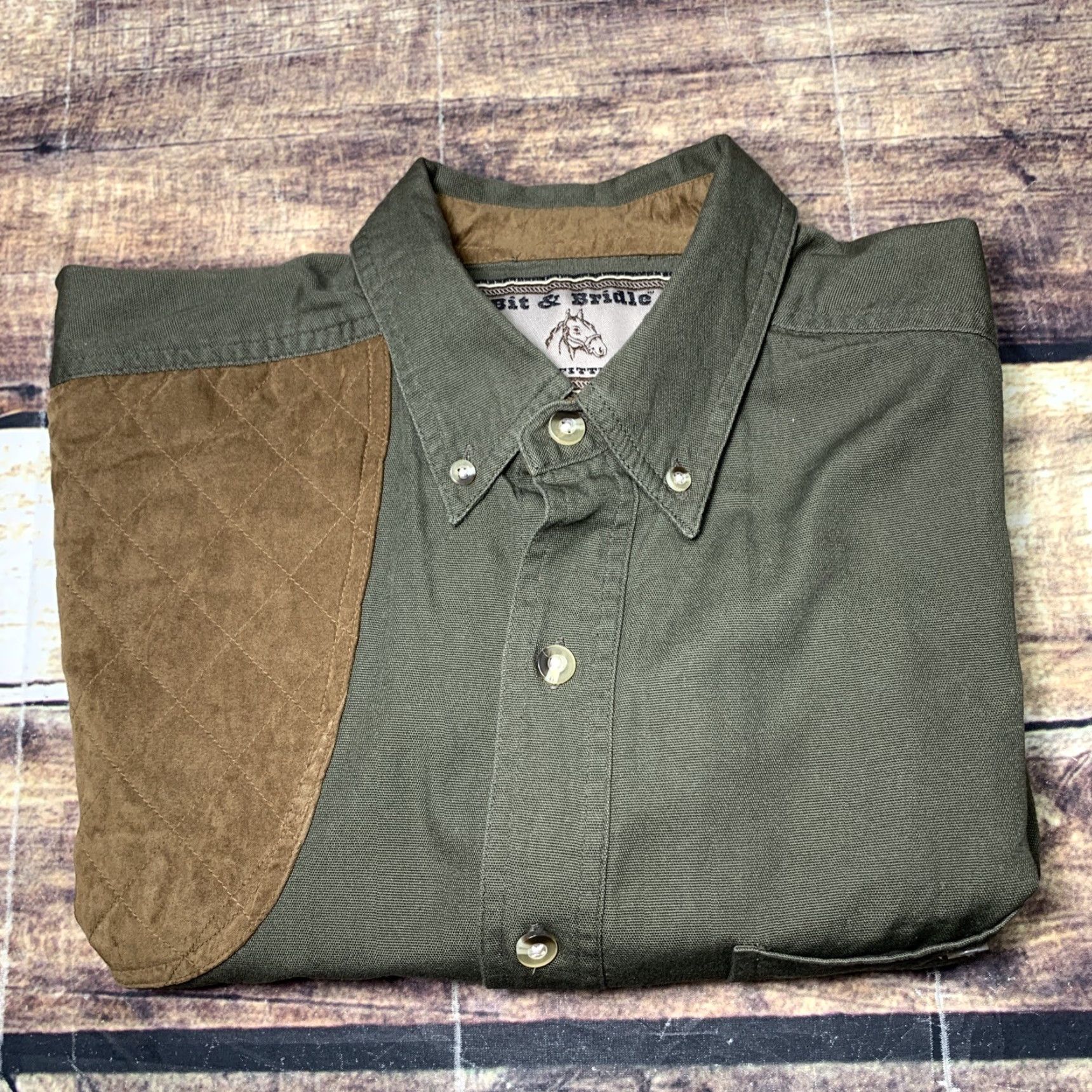 Vintage Bit & Bridle Long Sleeve Shirt Mens Medium Green Padded Shoulder Elbow Button Up Size US M / EU 48-50 / 2 - 7 Thumbnail