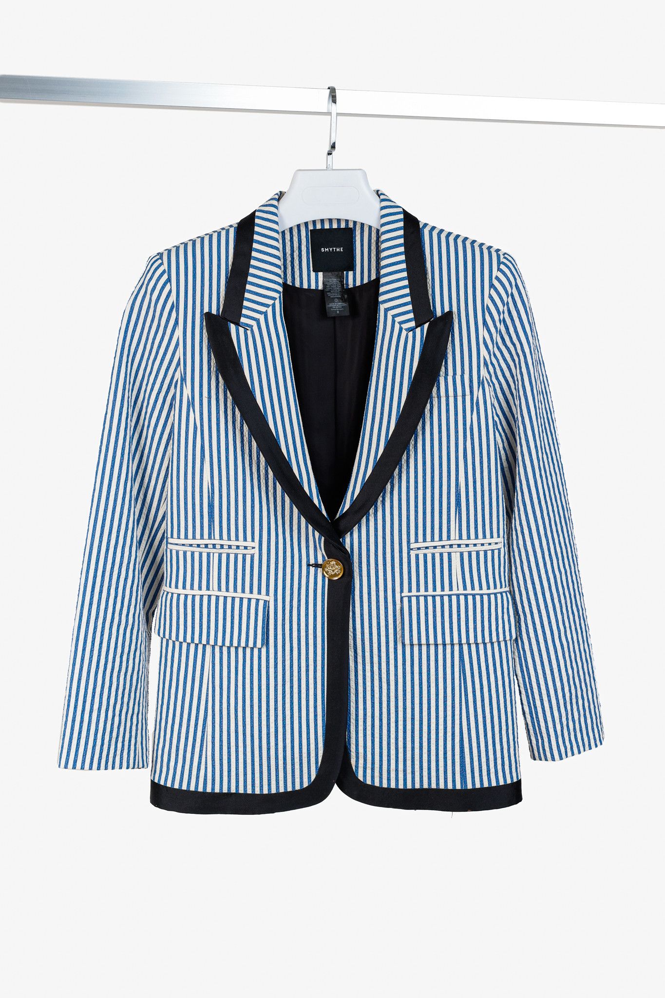 SMYTHE Smythe Blue Seersucker Striped Taped Peak Lapel Blazer Size M / US 6-8 / IT 42-44 - 1 Thumbnail